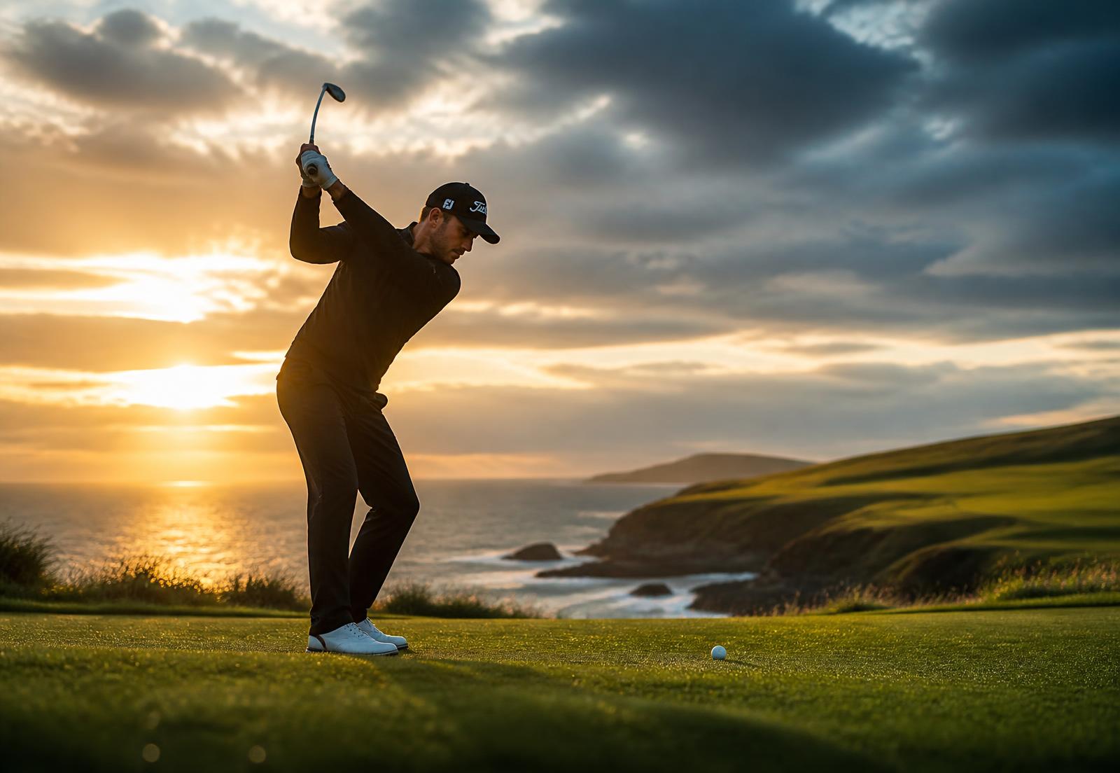 Golfer at the top of the backswing on a coastal course at sunset