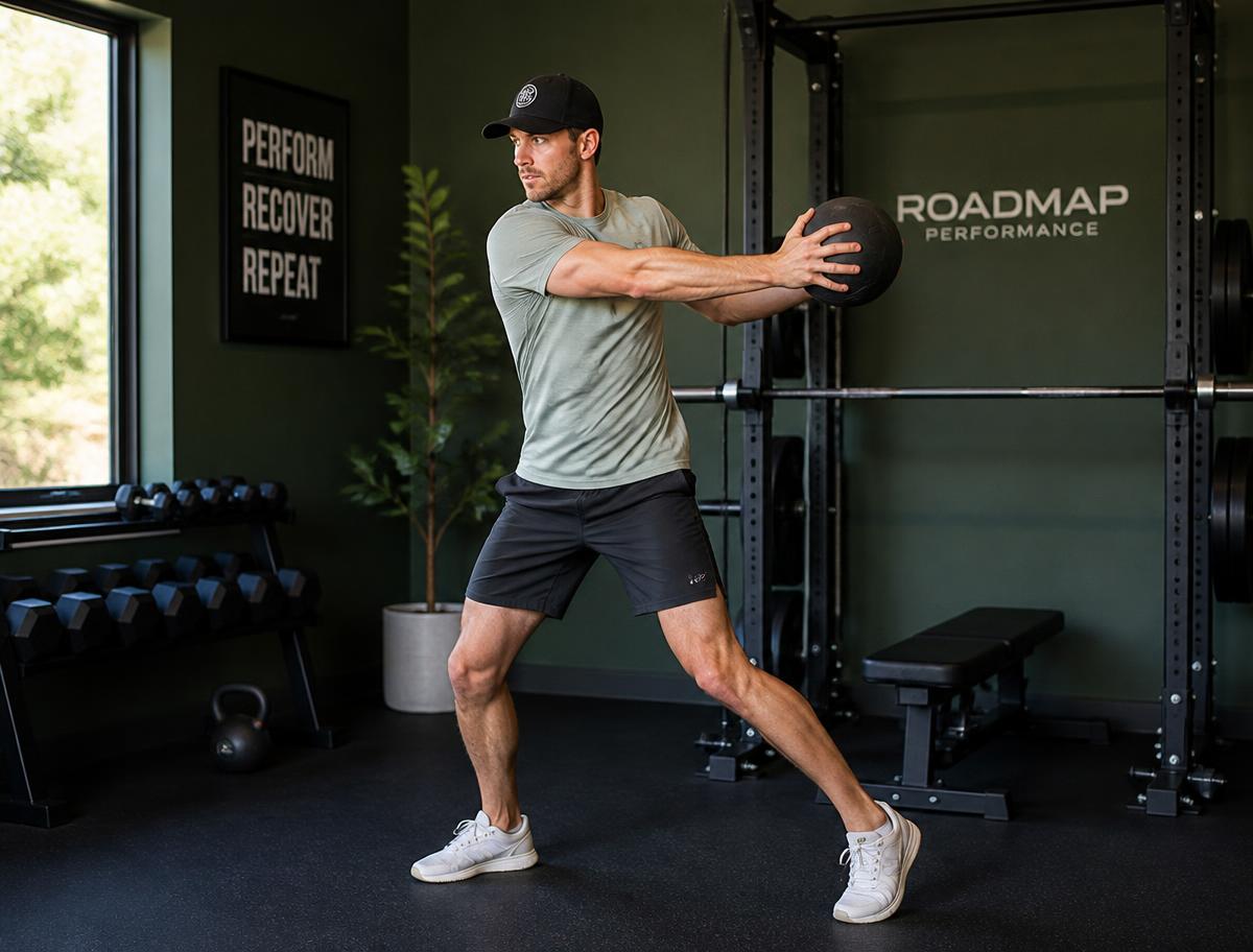 Golfer performing a rotational medicine ball throw in a training studio